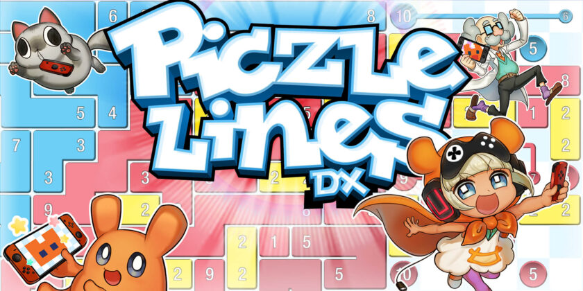Promotional graphic for Piczle Lines DX featuring a vibrant and colorful collage of animated characters and game elements. Central to the image is the game's title in bold, 3D lettering, with various characters including a grey cat holding a game controller, a white-bearded scientist holding a puzzle piece, and a cheerful girl wearing a headset and a backpack resembling a game controller, all superimposed on a background of puzzle pieces with numbers. The playful and bright design conveys the fun, puzzle-solving nature of the game. Published on: LadiesGamers.