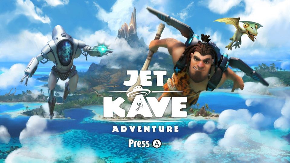 Starting screen for Jet Kave Adventure, showing the hero in the sky. Published on LadiesGamers