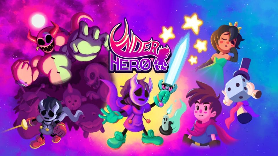 A dynamic and colorful key art image for "Under Hero," capturing the game's quirky and cartoonish aesthetic. Center stage is the game's title in a stylized, heroic font with a silhouette of the protagonist. The background is a vibrant cosmic scene with purple and blue nebulae. An ensemble of characters is featured, including a masked hero with a sword in the center, flanked by a princess wielding a star-shaped wand and a boy with spiky hair. Each character exhibits a unique personality through their poses and expressions. Other whimsical creatures, such as a die-wearing a top hat and various shadowy figures, contribute to the lively, fantastical atmosphere suggestive of the game's adventurous spirit. Published on: LadiesGamers.