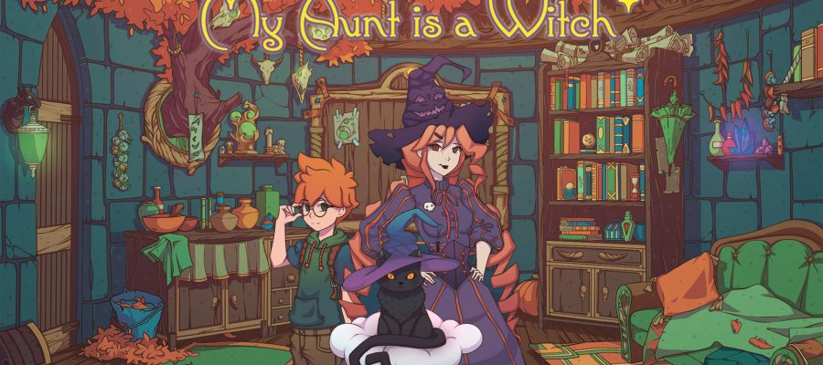 Promotional artwork for My Aunt is a Witch, with the two main characters and cat. Published on: LadiesGamers