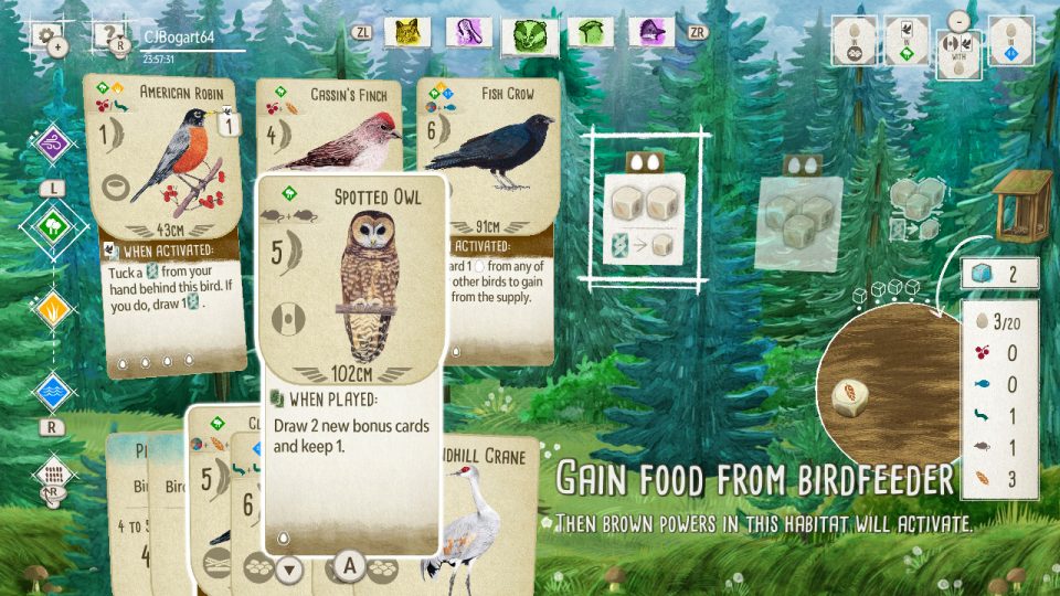 Wingspan. LadiesGamers.com. The forest habitat. I am looking at an owl card in my hand.