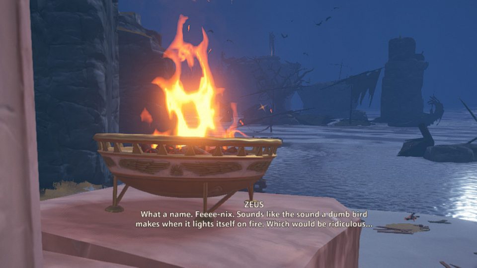 Immortal Fenyx Rising. LadiesGamers.com. A fire is on the screencap. Zeus is making fun of Fenyx's name and jokes about a bird that isn't yet legendary.