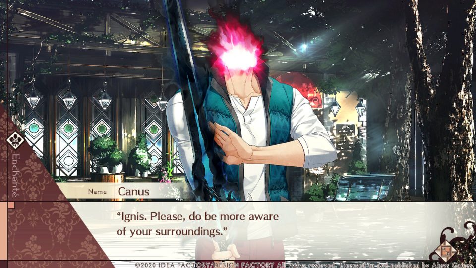 Cafe Enchante. LadiesGamers.com. The headless knight giving advice. His neck glows red and he holds a sword while warning a character to pay attention..