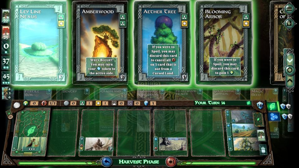Mystic Vale. LadiesGamers.com. A shot of the game board. Several cards I could purchase are highlighted.