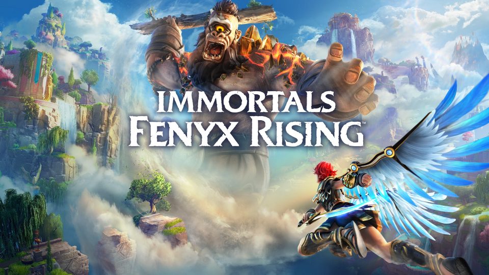 Promotional image for Immortals Fenyx Rising with a giant cyclops towering about Fenyx. Published on LadiesGamers