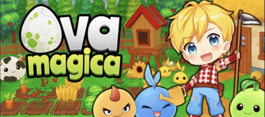 Banner image for "Ova Magica" featuring a joyful farm setting with an animated character and creature companions. A young character with blond hair, wearing a red checkered shirt and blue jeans, stands smiling, holding a farming tool over the shoulder. Surrounding the character are adorable, colorful creatures with expressive faces, resembling a mix of animals and fantasy elements. Behind them, a well-tended farm plot with crops and a chicken coop contributes to the lively, pastoral theme of the game. The game's logo is prominently displayed at the top in bold, playful lettering against a backdrop of a giant speckled egg, hinting at the game's title and elements of creature collecting and farming. Published on: LadiesGamers.