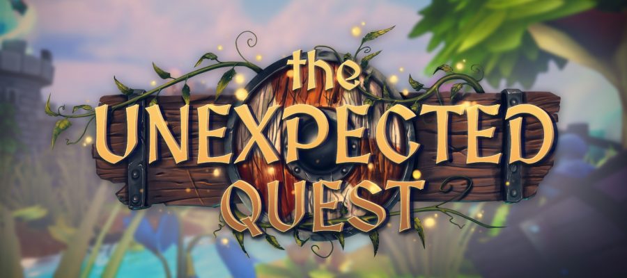 Promotional image for The Unexpected Quest with the text in large gold letters. Published on LadiesGamers
