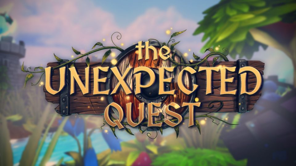 Promotional image for The Unexpected Quest with the text in large gold letters. Published on LadiesGamers