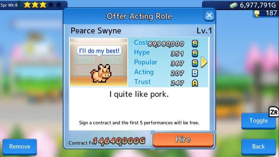 LadiesGamers Silver Screen Story. Shows the screen for one of the actors. It's a pig that says it likes pork.