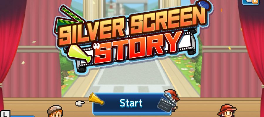 Silver Screen Story. LadiesGamers.com. Title screen for the game. It shows a stylized version of "Silver Screen Story" over a studio background and some sprites.