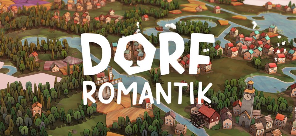 Promotional banner for Dorfromantik, showcasing an isometric view of a serene, stylized countryside. The landscape features a patchwork of hexagonal tiles with quaint houses, verdant forests, winding rivers, and a prominent church with a bell tower. The game's title, 'DORFROMANTIK,' is overlaid in large, white block letters that span the width of the image. Cloud icons float gently above some of the trees, adding to the game's charming aesthetic. Published on: LadiesGamers.