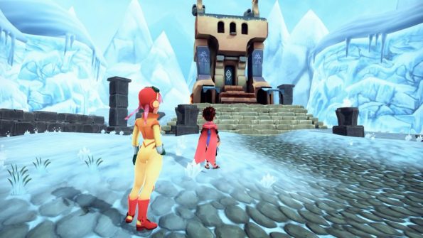 Two characters looking at The Temple Of Ice in Deiland Pocket Planet. The area is covered with snow and ice and there is a large temple visible. 
