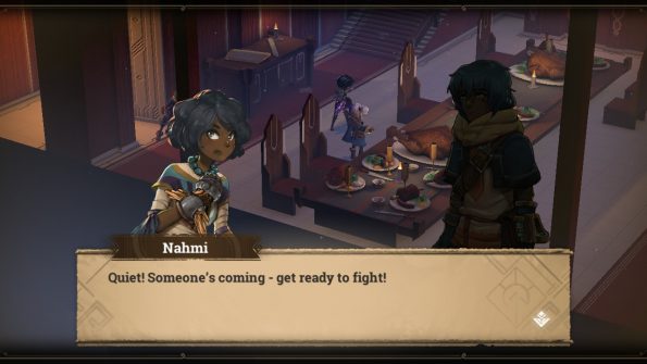 Children of Zodiarc LadiesGamers. A banquet hall is the setting. Nahmi warns her companions that someone is coming and they need to get ready to fight.