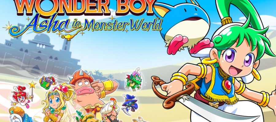 Promotional artwork for Wonder Boy: Asha in Monster World, featuring Asha in a blue outfit with green hair, holding a sword, and accompanied by her blue companion Pepelogoo. The background shows a desert landscape with a grand palace, surrounded by colourful characters from the game. Wonder Boy: Asha in Monster World title appears at the top. Published on LadiesGamers.com