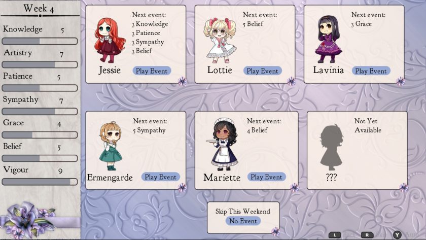 A Little Lily Princess. LadiesGamers.com. The menu showing the different routes. There are 6 possible routes in this title.