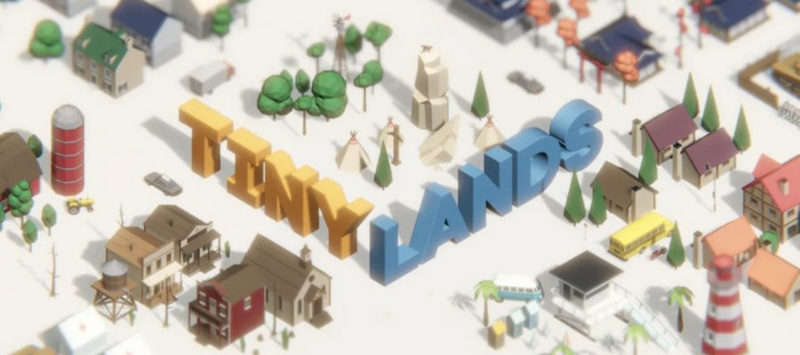 Promotional image for Tiny lands showing the words in a tiny diorama of a town. Published onLadiesGamers