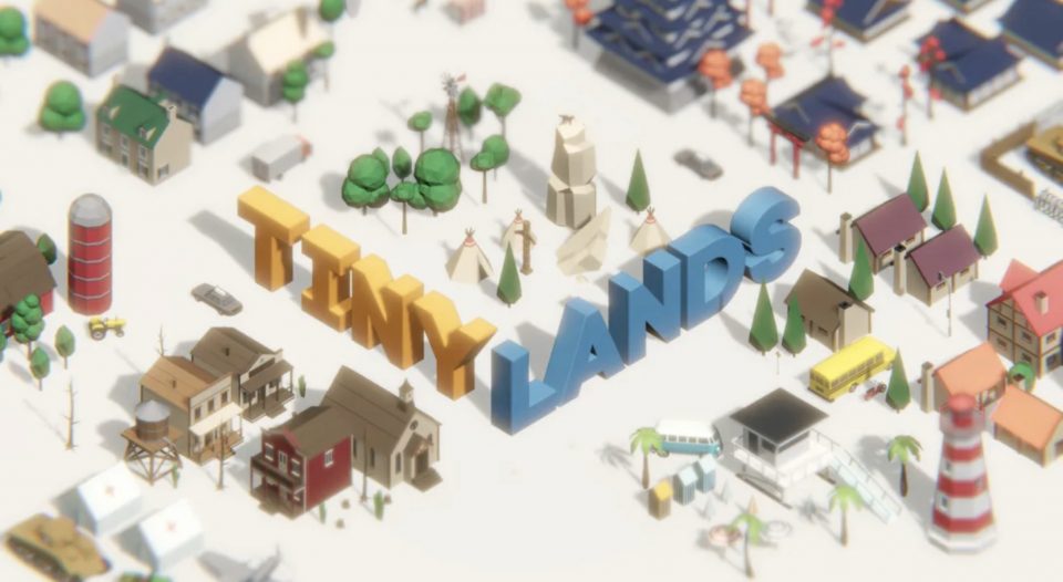 Promotional image for Tiny lands showing the words in a tiny diorama of a town. Published on LadiesGamers