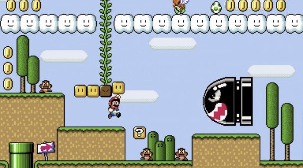 "A classic 8-bit scene from the 1985 video game Super Mario Bros. Mario is depicted mid-jump beneath a row of gold coins that arc across a clear blue sky. He is positioned between two platforms; one with a green vine reaching upwards, suggesting a secret area above, and another with a Question Block that might contain power-ups or more coins. An enemy Goomba patrols the lower level, while a large Bullet Bill projectile menacingly heads toward Mario from the right. Two green cacti and a warp pipe enhance the iconic Mushroom Kingdom terrain." Published on: LadiesGamers.