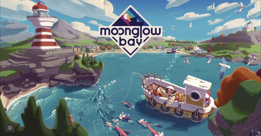 "A picturesque and inviting banner for Moonglow Bay, capturing the essence of a cozy, coastal fishing village. A lighthouse stands prominently on a cliff to the left, guiding boats in the gentle bay waters. The central focus is a small fishing boat with joyful passengers, including a dog, all ready for a day of adventure at sea. The water teems with marine life, with fish visible just below the surface, and seagulls flying overhead. Quaint buildings line the shore, and rolling hills can be seen in the distance under a vast, clear sky. The game's logo, with its stylized font and colorful design, floats above the serene scene." Published on: LadiesGamers