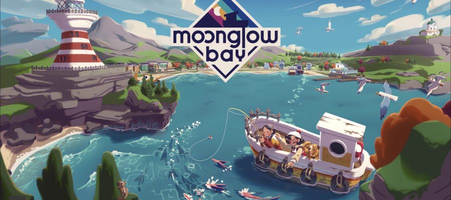 "A picturesque and inviting banner for Moonglow Bay, capturing the essence of a cozy, coastal fishing village. A lighthouse stands prominently on a cliff to the left, guiding boats in the gentle bay waters. The central focus is a small fishing boat with joyful passengers, including a dog, all ready for a day of adventure at sea. The water teems with marine life, with fish visible just below the surface, and seagulls flying overhead. Quaint buildings line the shore, and rolling hills can be seen in the distance under a vast, clear sky. The game's logo, with its stylized font and colorful design, floats above the serene scene." Published on: LadiesGamers