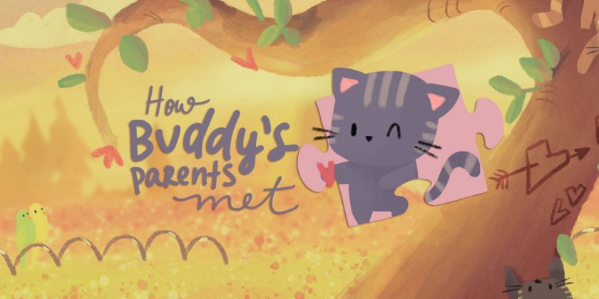 Promotional image for How Buddy's Parents Met showing a grey cat on a pink jigsaw puzzle piece. Published on LadiesGamers