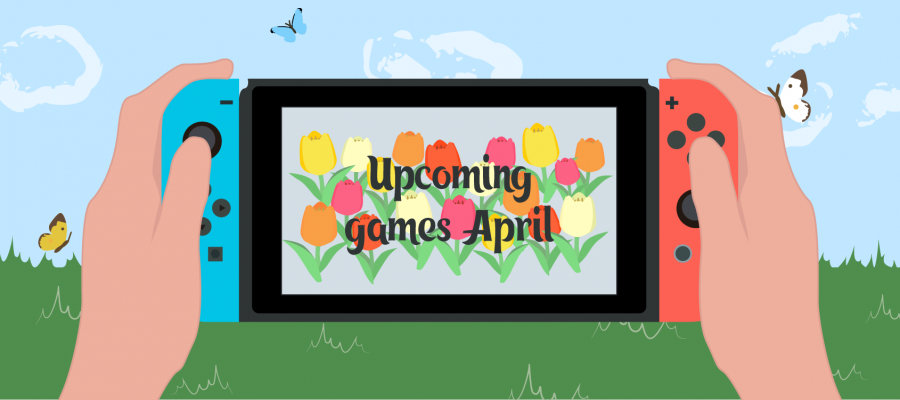 "A graphic illustrating a pair of hands holding a gaming console with joy-con controllers in an outdoor setting, displaying a screen that reads 'Upcoming Games April' surrounded by a vibrant array of illustrated tulips. The scene is cheerful with a bright blue sky, fluffy white clouds, and a few birds in flight. In the background, a simplified green landscape features small animals such as a bird and a squirrel, adding a touch of whimsy to the springtime theme." Published on: LadiesGamers