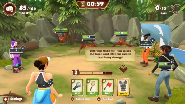 Jumanji: The Curse Returns. Ladiesgamers. com. A battle scene. It shows the cards, avatars, and enemies.