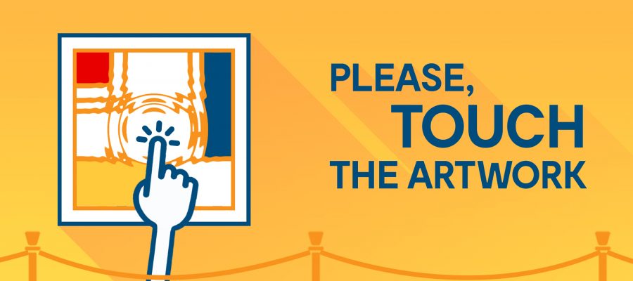 Promotional image for Please, Touch the Artwork, with a fingers touching a painting. Published on LadiesGamers