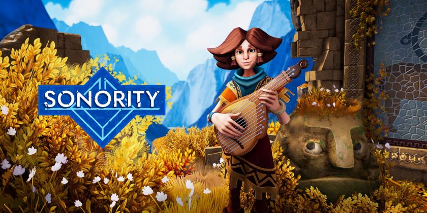 Promotional artwork for Sonority with Esther holding a lute standing next to a stone face. Published on LadiesGamers