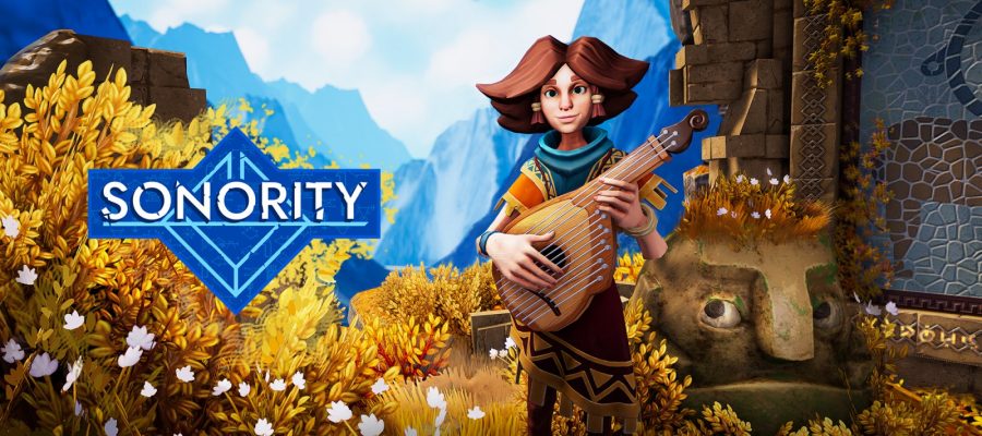 Promotional artwork for Sonority with Esther holding a lute standing next to a stone face. Published on LadiesGamers