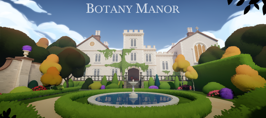 "Screenshot of the video game Botany Manor displaying the game's grand, stately manor house. The manor, rendered in a charming, low-poly graphic style, is set against a clear blue sky with soft, flowing clouds. In front of the manor is a meticulously landscaped garden, complete with trimmed hedges, vibrant flower beds, and topiary trees in various shapes and colors. At the center of the garden is a tranquil fountain, adding a sense of serenity to the scene. The title 'BOTANY MANOR' floats above the manor in elegant white lettering." Published on: LadiesGamers