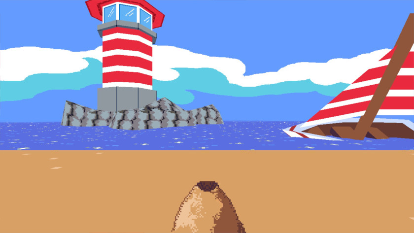 Gizmo the dog on a beach, looking at a lighthouse.