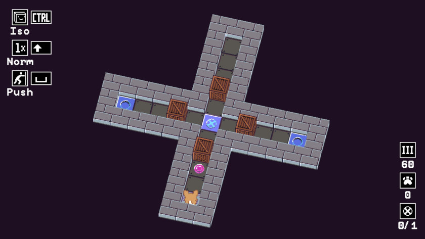 A puzzle that looks like a cross with four wooden boxes blocking each corridor.