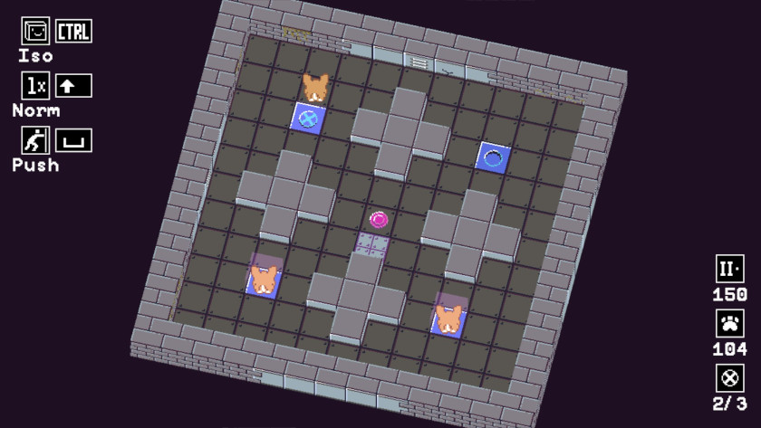 A difficult puzzle with four pressure plates, three cloning squares, and four pluses in the center.