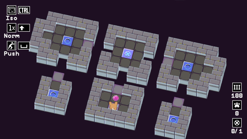 Six floating platforms with cloning squares and several pressure plates.