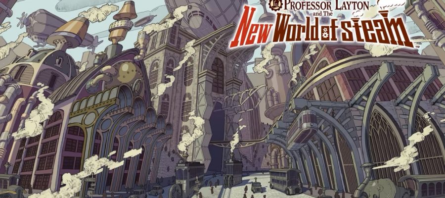 Promotional image for Professor Layton and the New World of Steam showing a steampunk city. Image from Level5, published on LadiesGamers.