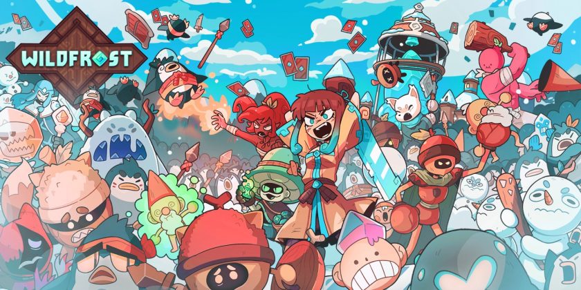 Promotional banner for Wildfrost showcasing a dynamic and colorful scene with a plethora of cartoonish characters engaged in a whimsical battle. At the forefront, a red-haired female character wields a blue crystal sword, rallying creatures and characters who appear as an eclectic mix of snowmen, penguins, and warriors in various animated expressions of determination and excitement. A backdrop of blue skies and floating cards suggests elements of strategy and magic in the game's theme. Published on: LadiesGamers