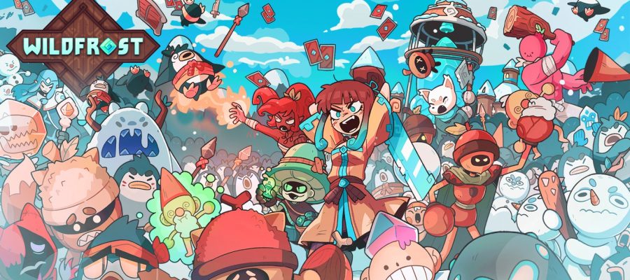 Promotional banner for Wildfrost showcasing a dynamic and colorful scene with a plethora of cartoonish characters engaged in a whimsical battle. At the forefront, a red-haired female character wields a blue crystal sword, rallying creatures and characters who appear as an eclectic mix of snowmen, penguins, and warriors in various animated expressions of determination and excitement. A backdrop of blue skies and floating cards suggests elements of strategy and magic in the game's theme. Published on: LadiesGamers