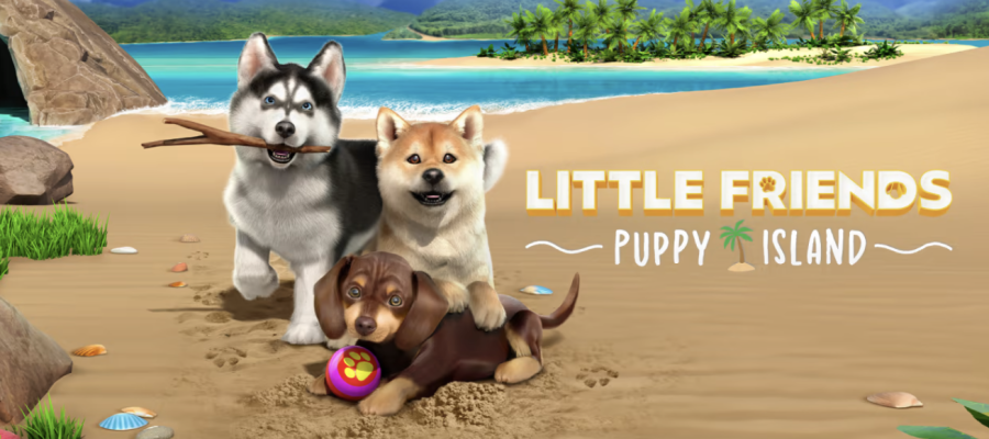 Promotional image for Little Friends: Puppy Island, with 3 dogs sitting on a beach. Published on LadiesGamers