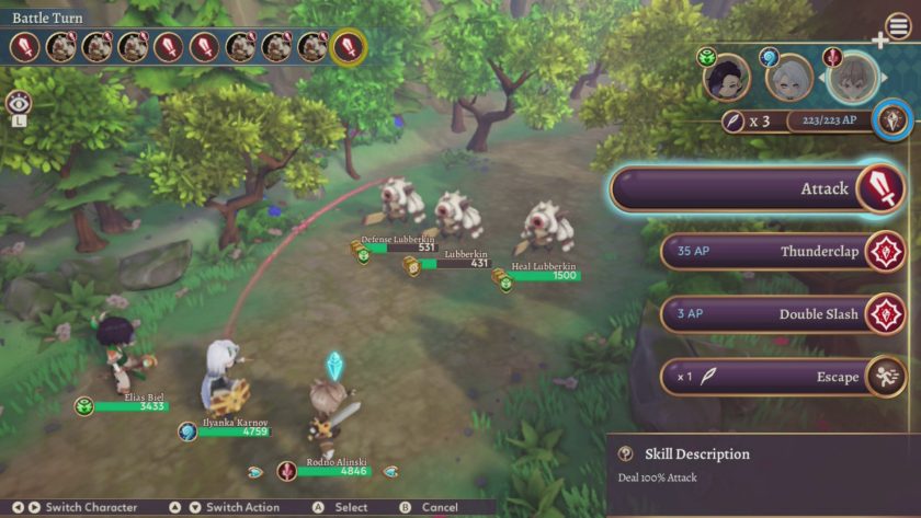 The battle screen. Three unusual enemies can be seen facing off against three heroes in a turn based battle