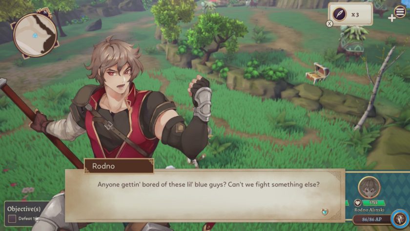 A story segment screen. The character Rodno is saying 'anyone getting bored of these lil blue guys? Can't we fight something else?'
