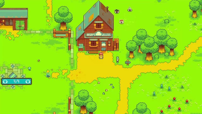 Two storey house with Yvette standing outside, farm area to one side.