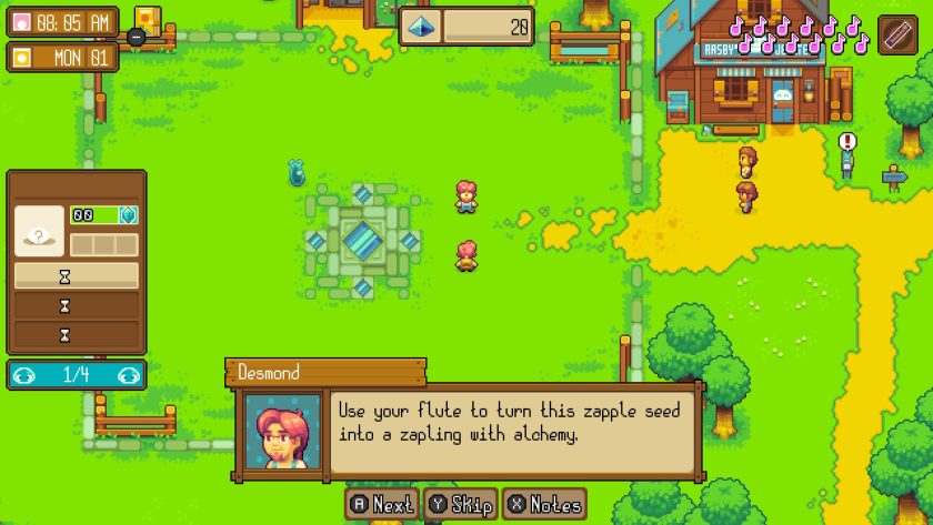 Yvette standing with Desmond. He says “Use your flute to turn this zapple seed into a zapling with alchemy”.