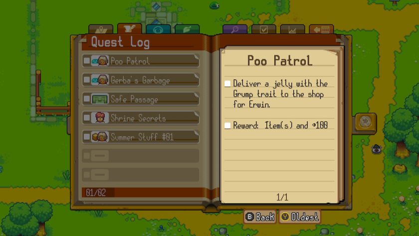 The Quest Log, listing active quests and giving details for Poo Patrol, which is to deliver a jelly with grump trait for Erwin.