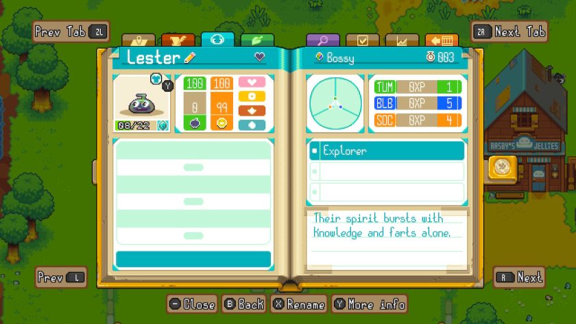 Details for Lester, with trait of explorer and comments “Their spirit bursts with knowledge and farts alone”.