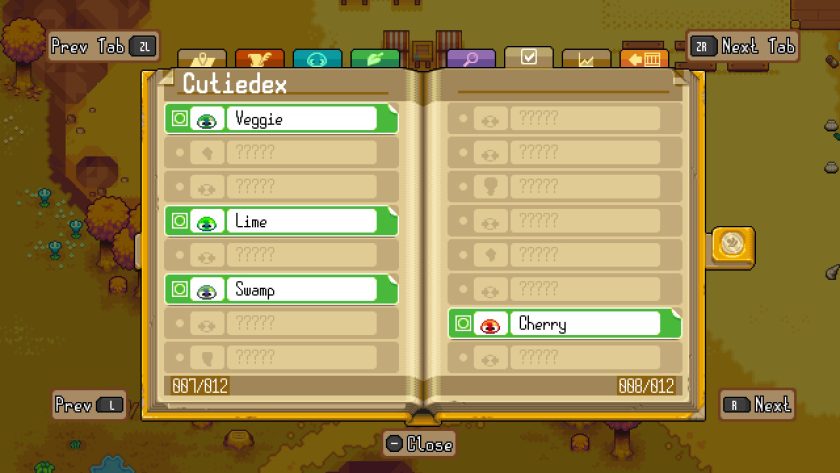 Cutiedex tab showing the different colours found, including veggie, lime and swamp.