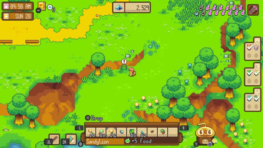 Yvette looking at a bush with an exclamation mark over it, something has been found by the jelly in her backpack.