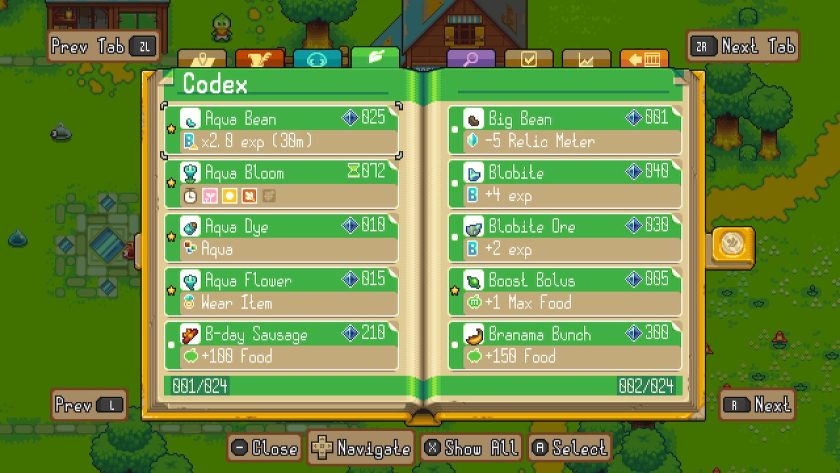 The Codex which lists items found, for example, aqua bean, blobite and branama bunch.