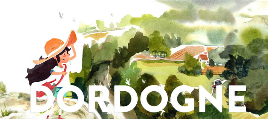 The Logo for Dordogne in front of a water color of a cartoon girl overlooking a scenic summer cliff.