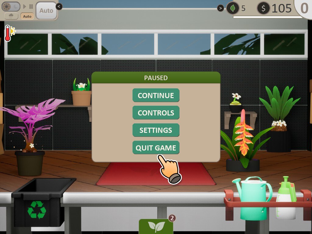 The starting menu of Grow on the Go with the continue or start button, options, the controls and quit button